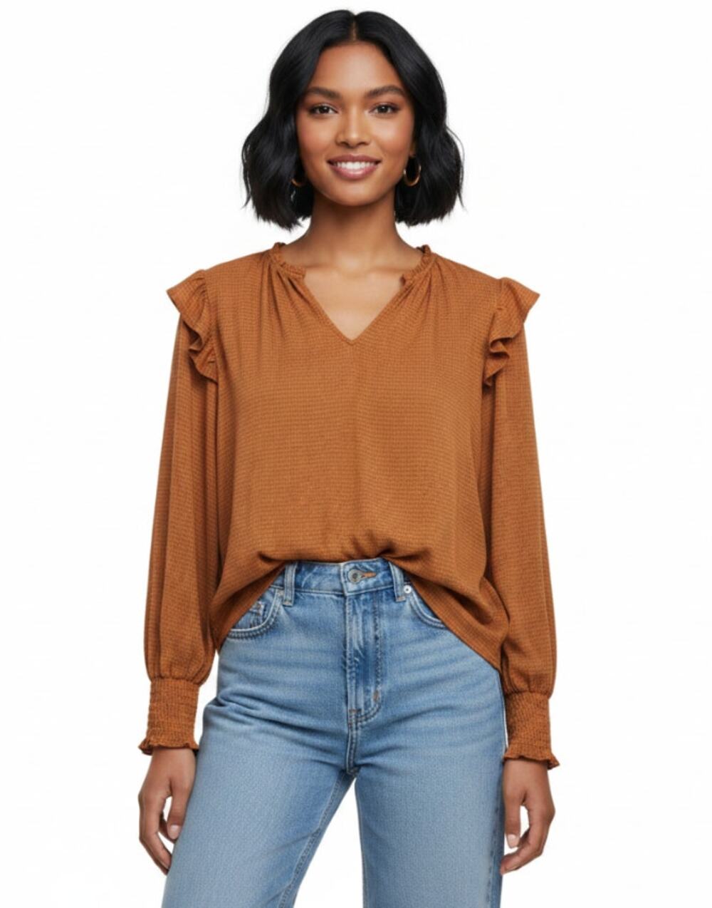 Kaileigh Womens Large Top V-Neck Long Sleeve Ruffle Shoulder Orange Brown Check